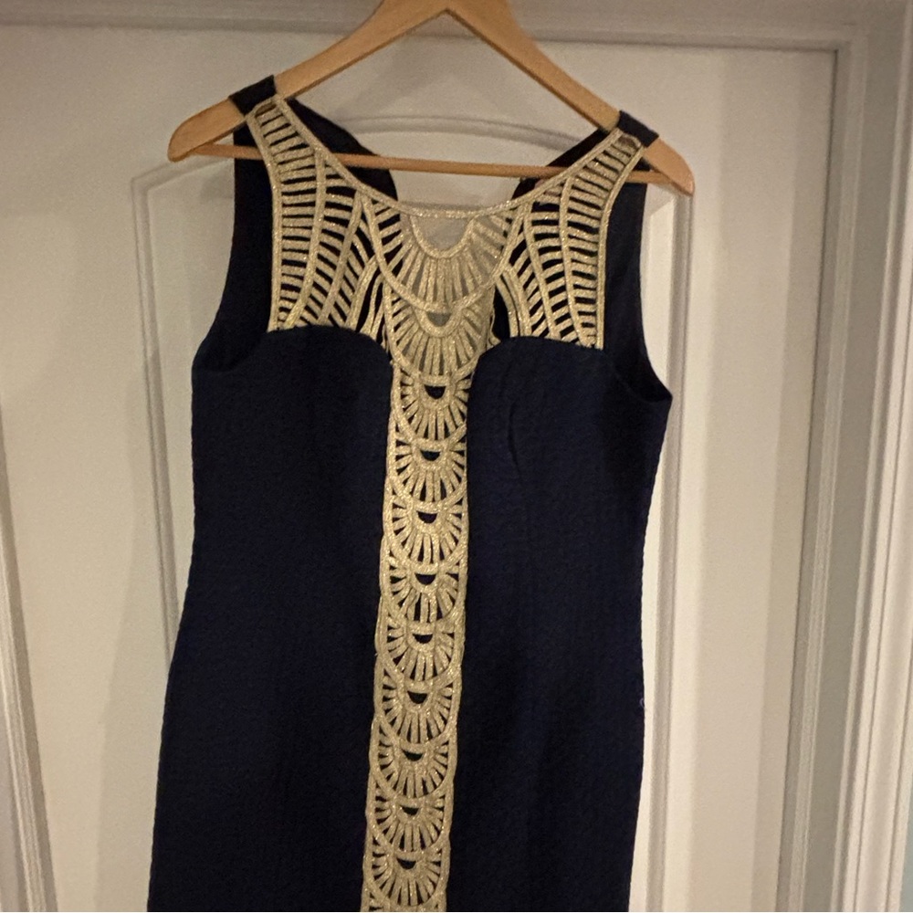 Lilly Pulitzer Blue and Gold Sheath Midi Dress V-Neck
